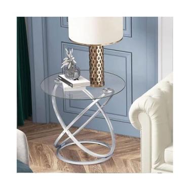 Imagem de Mesa de centro de design simples, mesa lateral redonda, mesa de canto de vidro com moldura de metal, pequena mesa de centro com estilo moderno para espaços pequenos, sala de estar, varanda, mesa