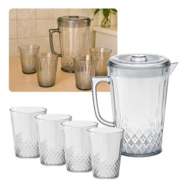 Imagem de Jarra Acrílica 2 Litros Tampa Copos Acrílico 4 Unidades Transparente Texturizada Kit Suqueira Água Suco Mesa Cozinha
