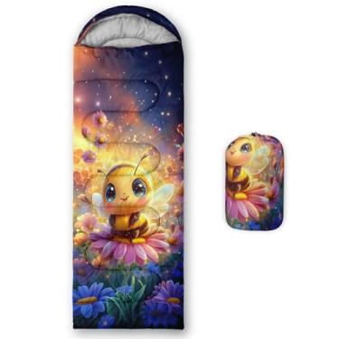 Imagem de QOOMO Sacos de dormir à prova d'água de abelha fofa de desenho animado para adultos e crianças, sacos de dormir impressos para acampamento, clima quente e frio, leve, viagem e ao ar livre