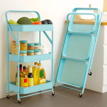 Imagem de Carrinho Auxiliar Multiuso Organizador de Metal Azul com 3 Prateleiras