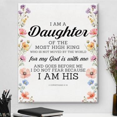 Imagem de Arte de parede em tela com versículo bíblico cristão I Am the Daughter Of a King 2 Corinthians 6:18 Impressão das escrituras arte emoldurada para decoração de quarto de meninas de 20 x 25 cm