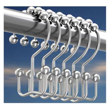 Imagem de Anéis de ganchos de cortina de chuveiro, anéis de metal resistente à ferrugem, ganchos de chuveiro deslizantes duplos para varões de banheiro cortinas, conjunto de 12 ganchos - cromado