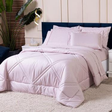 Imagem de Kit Edredom Cobertor QUEEN 03 Peças Mônaco Fitado Percal Soft 300 Fios com Fronhas - Dupla Face Listrado Acetinado Brilhante Toque Macio Cheio Grosso (Rosê)