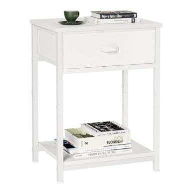 Imagem de Furologee Mesa de cabeceira branca com gaveta de tecido, mesa lateral pequena para espaços pequenos, mesa de canto para prateleiras de armazenamento de 2 camadas, mesa de cabeceira para sala de estar,