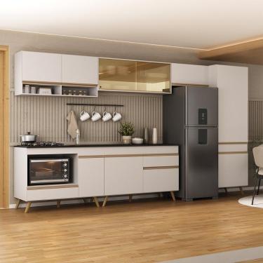 Imagem de Cozinha Modulada Completa 357cm 6 Peças Com Balcão Para Cooktop Veneza Multimóveis Mp2275 Branco Dourado