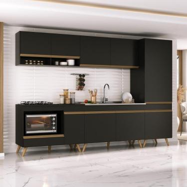 Imagem de Cozinha Modulada Completa Compacta 5 Peças Com Balcão Para Cooktop Veneza Multimóveis Mp2270 Preto Dourado