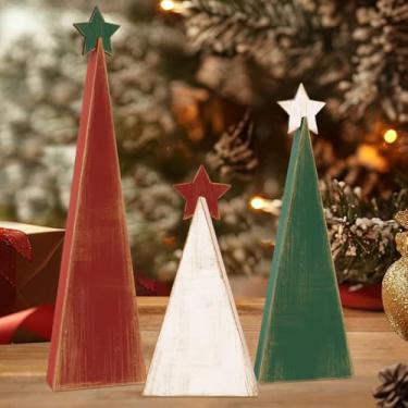 Imagem de Sereliy 3 peças de decoração de mesa de árvore de Natal de madeira vermelha verde branca placa de árvore de madeira com estrela para decoração de festa de lareira de casa de Natal (retrô)