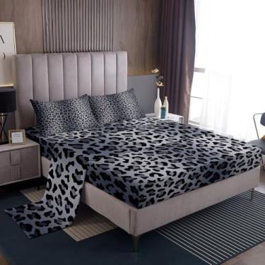 Imagem de Castle Fairy Jogo de lençol solteiro com estampa de leopardo, estampa de pele de guepardo, crianças, adolescentes, cinza, preto, leopardo, 1 lençol de cima e 1 lençol com elástico e 1 fronha