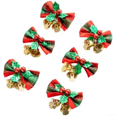 Imagem de Enfeites de arco de sino de Natal pacote com 6 decorações feitas à mão de pano e árvore de metal com som festivo para alegria do feriado, variantes de vermelho verde dourado marrom claro