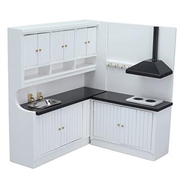 Imagem de Aqur2020 Cozinha de Casa de Bonecas, Móveis de Boneca de Madeira Em Escala 1:12, Preto e Branco, Modelo de Cozinha Em Miniatura para Casa de Boneca, Sala de Estar, Sala de Jantar ou
