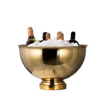 Imagem de Balde de gelo de aço inoxidável bicamada preservação do calor isolamento frio bonito KTV champanhe vinho tinto cerveja gelo bloco de gelo balde comercial (dourado, circular)