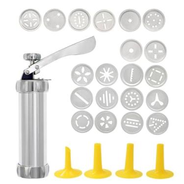 Imagem de Máquina Manual de Biscoitos Premium, Prensa de Alumínio e Aço Inoxidável com 20 Moldes Decorativos, 4 Bicos para Decoração, 21,5 x 5,5 cm, Prateado
