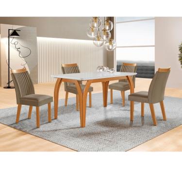 Imagem de Conjunto Sala de Jantar Mesa Agata com Tampo de Vidro 135cm e 4 Cadeiras em MDF Dara LJ Móveis - Castanho Cinamomo/ Capuccino/Off White