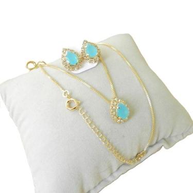 Imagem de Corrente Feminina 45/50cm + Brinco Azul Folheado Ouro Cj110 - WNBIJOUT