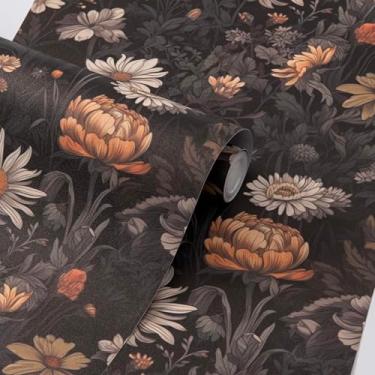 Imagem de FUKU MON Papel de parede floral vintage preto descasque e cole Boho folha dourada vinil impermeável autoadesivo removível papel de contato para quarto banheiro gaveta amigável para locatários 44,5 cm