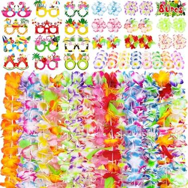 Imagem de Moon Boat Conjunto de suprimentos de decoração de festa havaiana Luau Leis de 80 peças: colares de flores tropicais Tiki + óculos de papel + pulseiras + grampos de cabelo a granel verão piscina
