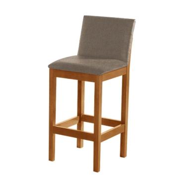 Imagem de Banqueta Alta Pérola Com Encosto Estofada Em Linho Bege Madeira Maciça Castanho Bege