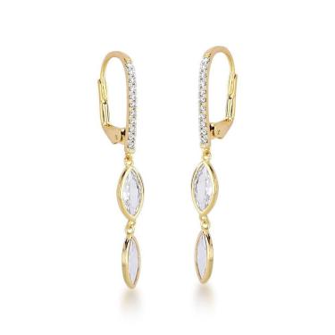 Imagem de Brinco Argola Oval Com Duas Zirconias Pendentes Banhado A Ouro 18k