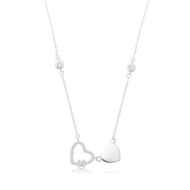 Imagem de Colar Coração Cravejado E Coração Polido Prata 925