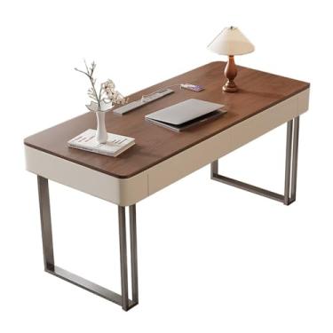 Imagem de Mesa de trabalho Escrivaninha de estudo moderna em marrom nogueira com 2 gavetas armazenamento, mesa para laptop e PC tomadas carregamento(M)