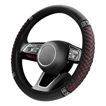 Imagem de MUQIDA Capa de volante de couro macio brilhante, 35 a 38 cm, strass brilhante, antiderrapante, protetor de volante de carro, interior elástico para mulheres e meninas (preto e vermelho)
