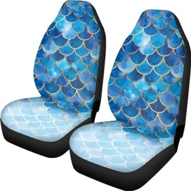 Imagem de Wunvihay Capas de assento de carro universais com estampa de sereia azul gradiente para assentos dianteiros apenas para mulheres, adequado para a maioria dos carros