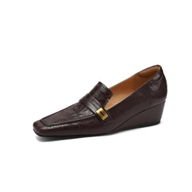 Imagem de TinaCus Mocassim feminino feito à mão de couro legítimo casual sólido bico quadrado salto plataforma sem cadarço, Marrom, 40