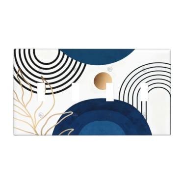 Imagem de BHGAHD Placas decorativas para interruptores de luz de meados do século, azul, dourado, boêmio, abstrato, minimalista, folha, arco, sol, 4 gangues, placa de parede artística, exclusiva, quadriciclo
