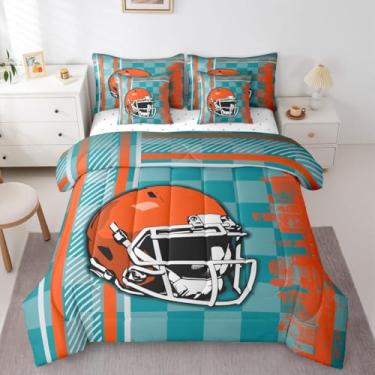 Imagem de Jogo de cama solteiro de futebol americano, cidade de futebol americano, 7 peças, jogo de cama esportivo de rúgbi, bola esportiva, jogos competitivos, europeu, laranja, azul-petróleo (Miami)