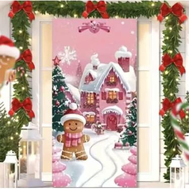 Imagem de Capa para Porta Feliz Natal Rosa com Elástico – Painel Decorativo Feliz Papai Noel Tecido Premiun (2,10 Cms X 0,85 Cms) (31)