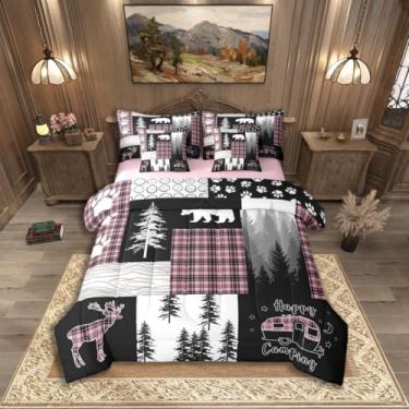 Imagem de Erosebridal Conjunto de edredom queen rústico de 7 peças, urso, veado, fazenda, campo, campo, com lençóis, rosa e preto, buffalo, xadrez, patchwork, decoração de acampamento, trailer, campismo