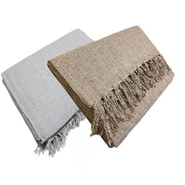 Imagem de Conjunto de mantas extragrandes para sofá (2 peças), dimensões 300 x 180 cm, material de algodão puro, com finalidades decorativas e protetoras. (Caramelo + Cinza Neblina)