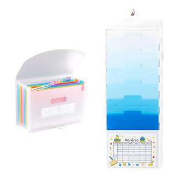 Imagem de Kit Pasta Sanfonada A4 com 12 Divisórias + Organizador de Documentos Pendurável 6 Bolsos Removíveis, Expandível, 36x88 cm, Arquivos, Escritório, Escola, Casa e Organização (Transparente e Azul)