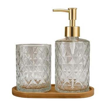 Imagem de Kit Banheiro de Cerâmica 2 Peças – Dispenser Porta Sabonete Líquido e Porta Escova de Dente | Ideal para Lavabo e Decoração Elegante(CRISTAL DOURADO)