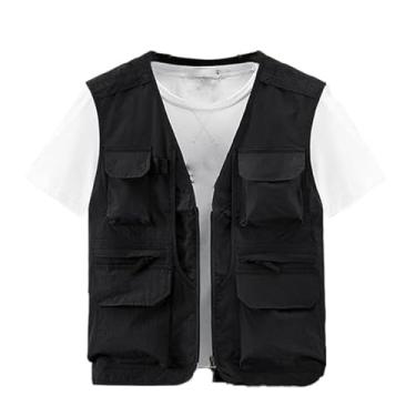 Imagem de Colete De Pesca Verão Para Homem, Colete Cargo Leve Sem Mangas Com Fecho E Malha Respirável Com Vários Bolsos Para Homem, Acampamento Prova Vento Impermeável Fecho, Para Caminhadas(Black,XXL)