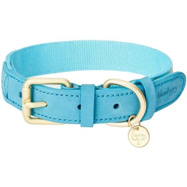 Imagem de Blueberry Pet Correia de tecido de poliéster azul celeste com estampa tribal mágica e coleira de cachorro de couro genuíno macio, médio, pescoço 38 a 45 cm, coleiras ajustáveis para cães