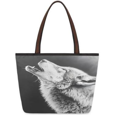 Imagem de Bolsa grande para mulheres uivando lua lobo cinza saco de pano de trabalho com zíper reutilizável mercearia bolsa casual viagem pernoite tote bolsas adequadas para viagens, trabalho, férias, praia