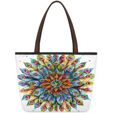 Imagem de Sacola grande feminina étnica mandala pavão psicodélica para trabalho com zíper, reutilizável, bolsa de mão de mercearia, casual, para viagem, trabalho, férias, praia, compras, academia