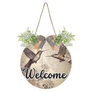 Imagem de SEHANY Placa de boas-vindas colorida, beija-flor, decoração de porta da frente, guirlanda de boas-vindas redonda para decoração de casa de fazenda, varanda, pátio, 30 x 30 cm