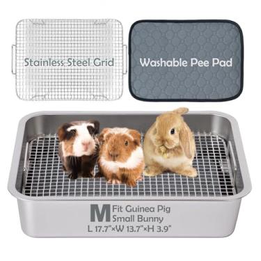 Imagem de MEEXPAWS Caixa de areia de aço inoxidável de porquinho-da-índia com grade elevada e almofada lavável, panela de areia de coelho pequeno lado alto, caixa de areia de rato furão, bandeja de vaso