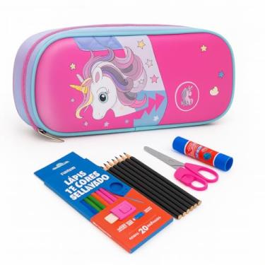 Imagem de Kit Escolar Infantil com Estojo Unicórnio 3D Rosa, Conjunto Completo com 20 Peças, Lápis, Tesoura, Cola, Material Escolar para Crianças
