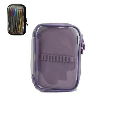 Imagem de Estojo Transparente Box para até 50 Canetas – Organizador Escolar com Divisória e Elástico Lilas
