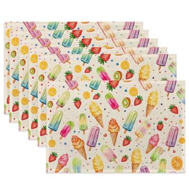 Imagem de Jogo americano de pano de sorvete de verão, picolé de frutas, resistente ao calor, conjunto de 6, tapetes de linho laváveis para decoração de mesa de sala de jantar, casa, restaurante, cafés, festas