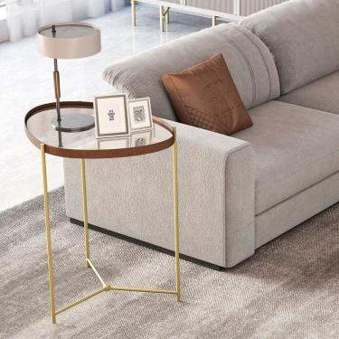 Imagem de Mesa Lateral com Borda em Couro Sintético com Espelho com Pés em Ferro Castanho/Dourado