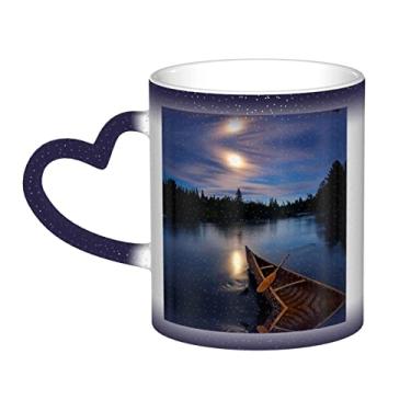 Imagem de Canoa iluminada pela lua Allagash River Caneca de café divertida, xícara de cerâmica mágica sensível ao calor que muda de cor, 12 Oz, para café/chá/leite/cacau, para adolescente/aniversário/festival