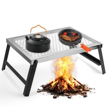 Imagem de Anbte Grelha de fogueira dobrável, grelha de malha de aço resistente de 40,6 cm x 30,5 cm, acabamento cromado com pernas dobráveis, equipamento portátil de cozinha de fogueira, para acampamento ao ar