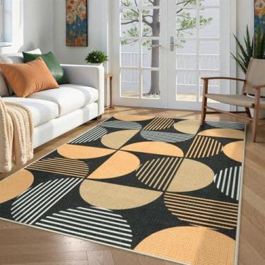 Imagem de LEEVAN Tapetes para área externa de juta fácil de 12 x 18 cm, tapete geométrico moderno para sala de estar, tapete de pátio marrom lavável com arco-íris, antiderrapante, neutro, não derrama, para sala