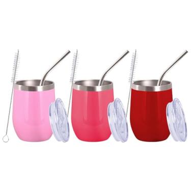 Imagem de Whaline Copo de vinho de aço inoxidável para o dia dos namorados, caneca de viagem vermelha e rosa com canudo e tampa para mulheres, namorada, amigas, esposas, amantes, cônjuge, presente