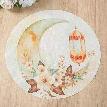 Imagem de 4 peças de jogo americano Mubarak Ramadan, tapete circular de aquarela Eid com padrões de lua e lanterna, tapetes antiderrapantes resistentes ao calor para festa Iftar cozinha mesa decoração de casa