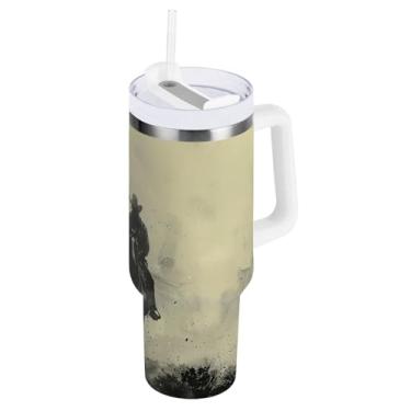 Imagem de Kigai Copo de cowboy norte-americano de 1,134 g com tampa e palha, copo isolado de aço inoxidável durável à prova de vazamento com alça, garrafas de água à prova de derramamento para viagens
